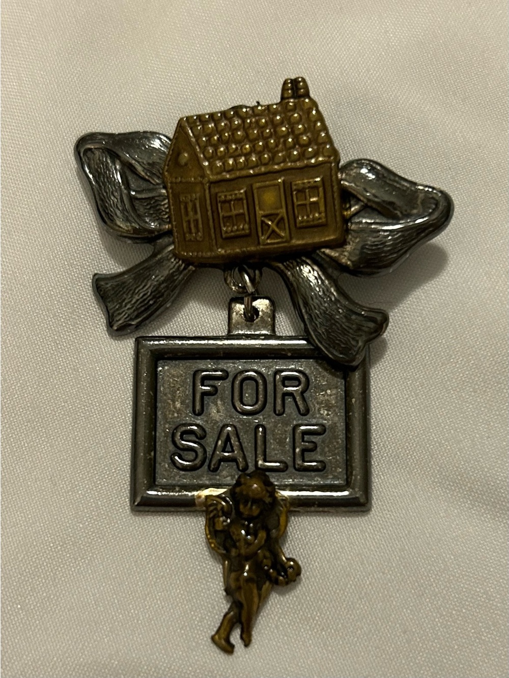 Vintage 'For Sale' House Charm Pin in Gold & Silver Tones